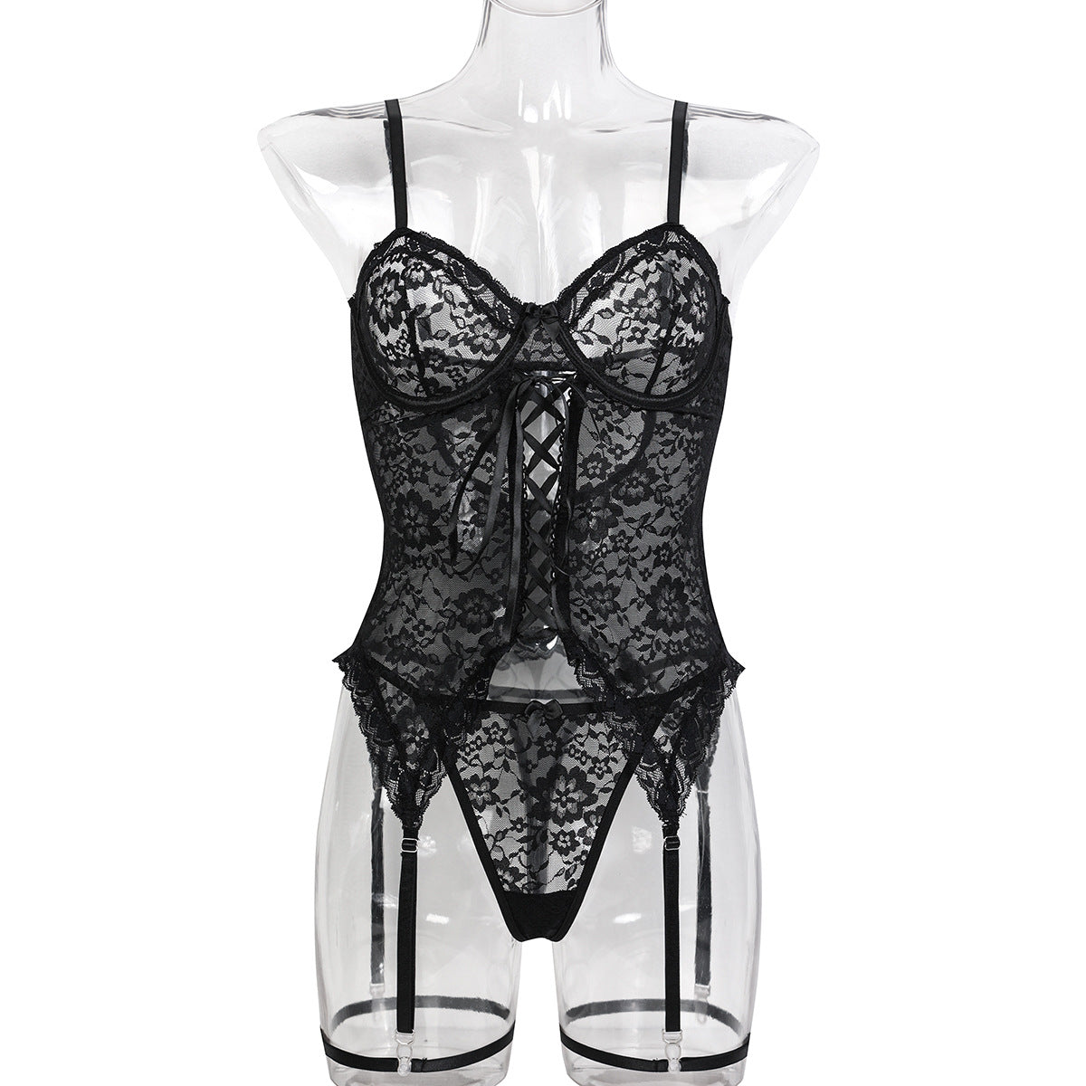 FREEDOMBEAUTY | European and American sexy underwear lace jacquard perspective strap tether cross sling two-piece underwear wholesale 3753
