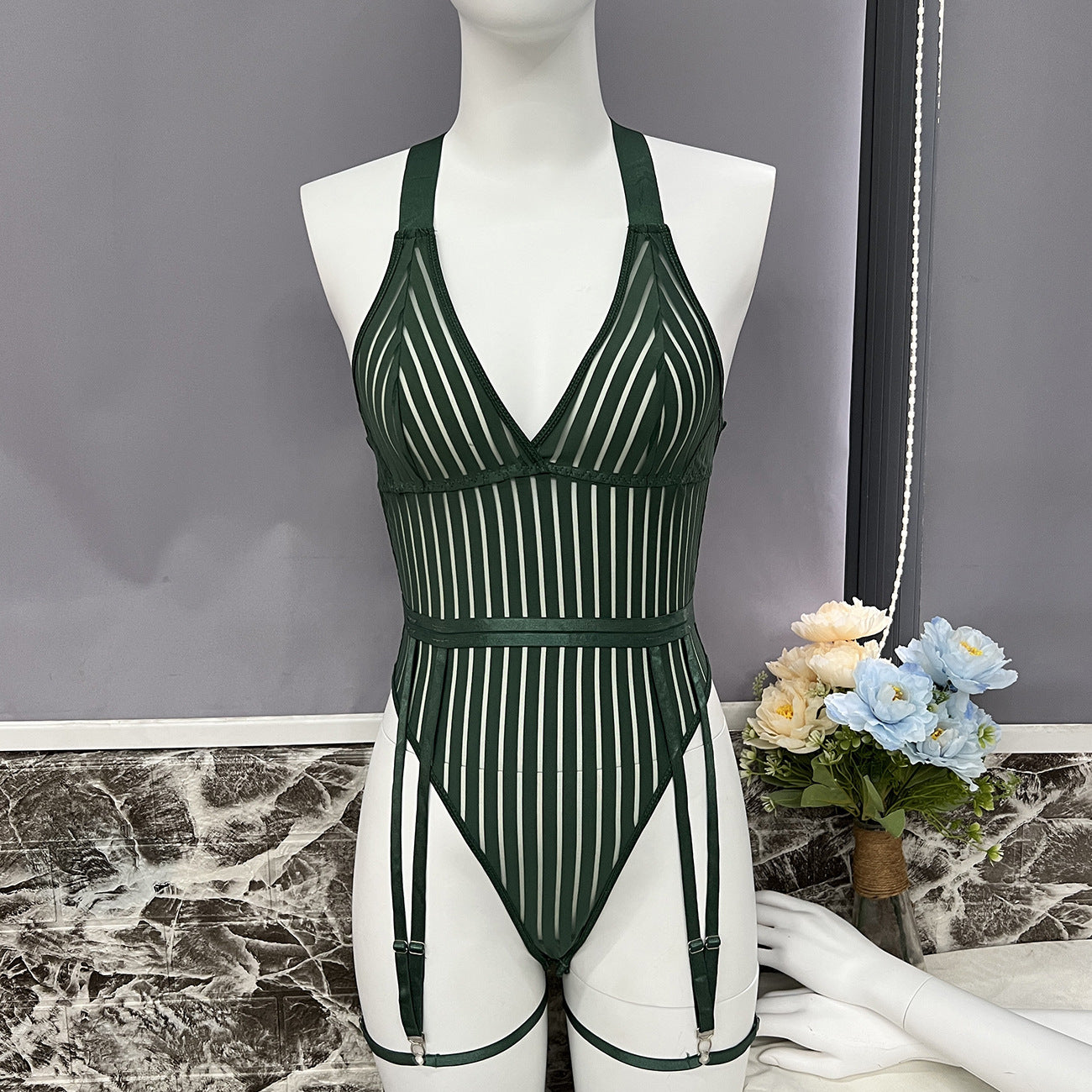 freedombeauty|Women's Striped Halter Perspective Mesh Splicing Shapewear