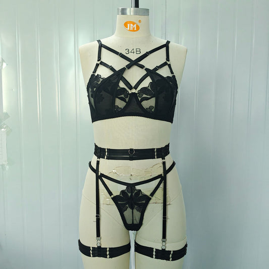 FREEDOMBEAUTY | European and American style cross-border foreign trade new black embroidery splicing mesh yarn strap waist seal garter women's bra set