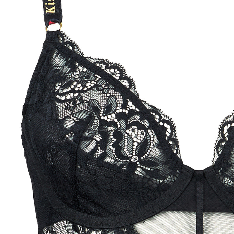 FREEDOMBEAUT | FQ2809 Steel rim lace light gathering mesh splicing onesie cotton crotch open buckle underwear fashion wear black
