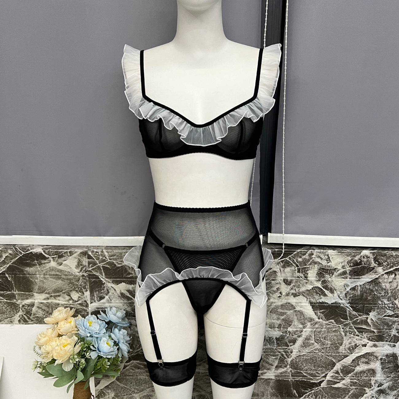 freedombeauty|New mesh stitching maid cosplay sexy lingerie set