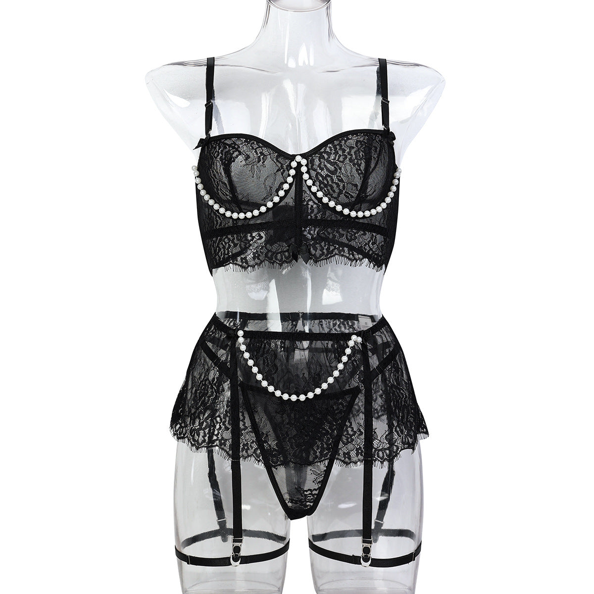 FREEDOMBEAUTY | Thin and light lace perspective pearl handmade styling new bow cross-border underwear four-piece set 3633