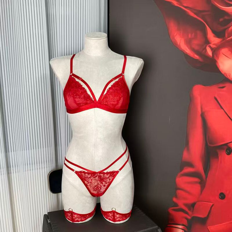 FREEDOMBEAUTY | FQ2872 Embroidery Triangle Cup Mesh Lined Neck Body Chain Low Waist T Pants Women's High Quality Underwear Cross-border Red