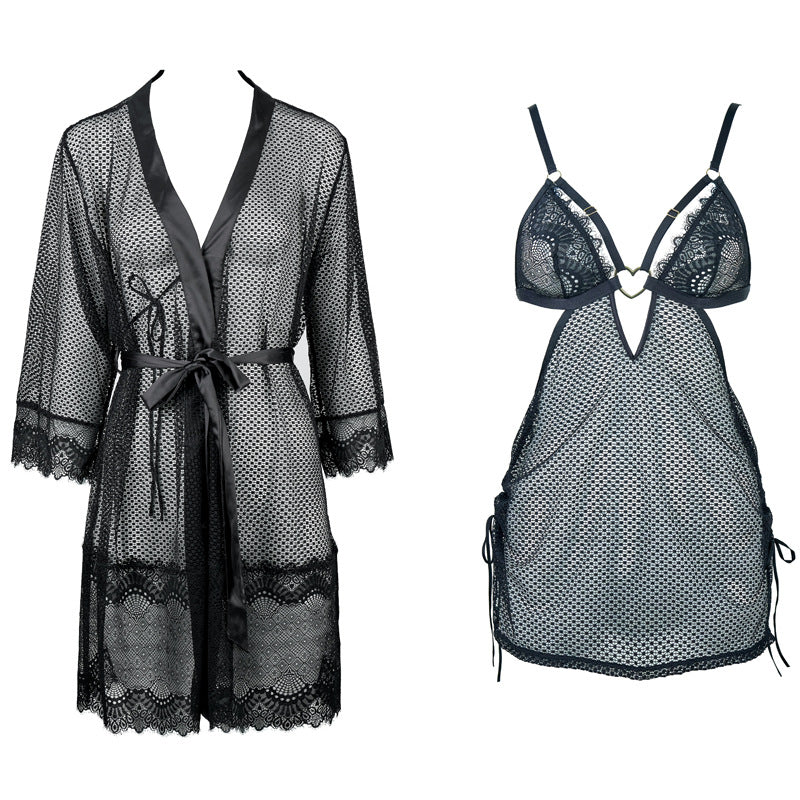 FREEDOMBEAUTY | FQ2830 Flower mesh micro-elastic satin hemming eyelash lace medium sleeve nightgown private room pajamas can be matched with nightgown sexy