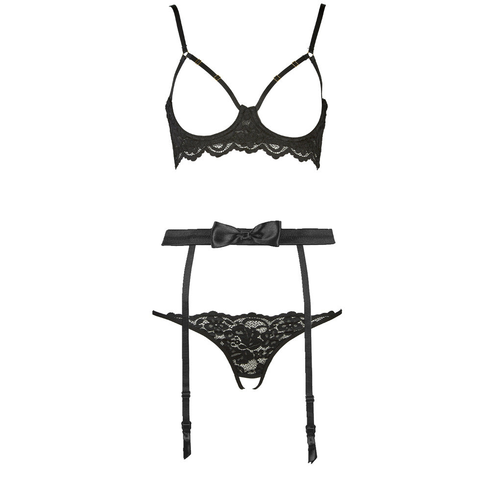 FREEDOMBEAUTY | FQ2680 Black Lace Dirty Hollow Bra Low Waist Open Crotch Free Panties Sex Underwear Set Women's Suspender