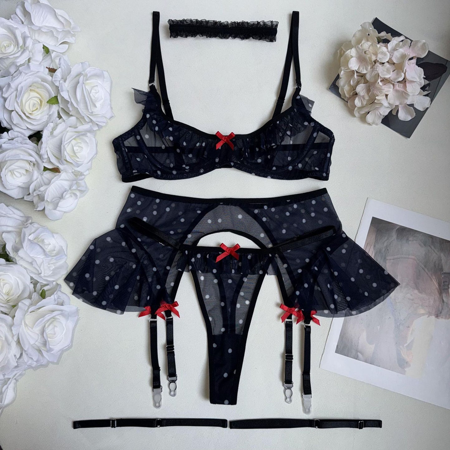 FREEDOMBEAUTY | Russian mesh girl sexy low-cut polka-dot ruffle edge sexy suspender onesie women's lingerie