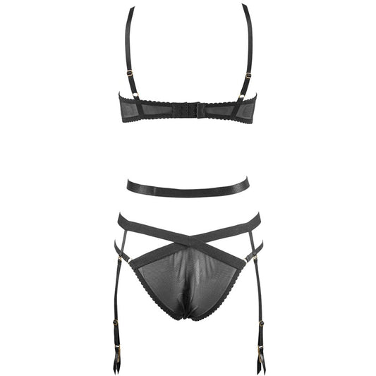 FREEDOMBEAUTY | FQ2657 Cross Strap Hollow Rim Bra Set Women's Sexy Removable Garter Briefs Low Waist Black