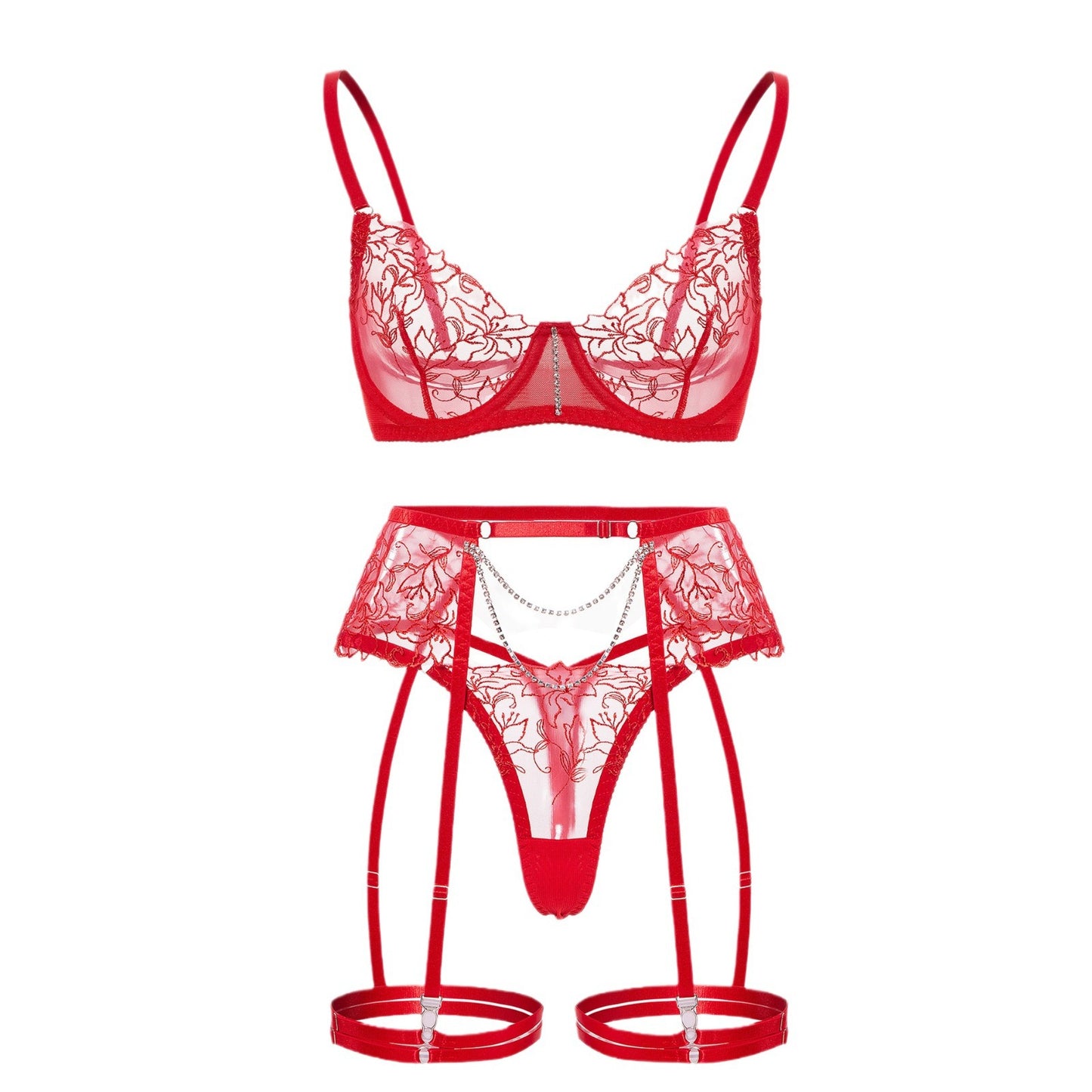 FREEDOMBEAUTY | New Hot Sale Fashion White Rhinestone Decorated Underwear Set Sexy Sex Underwear Set Embroidery