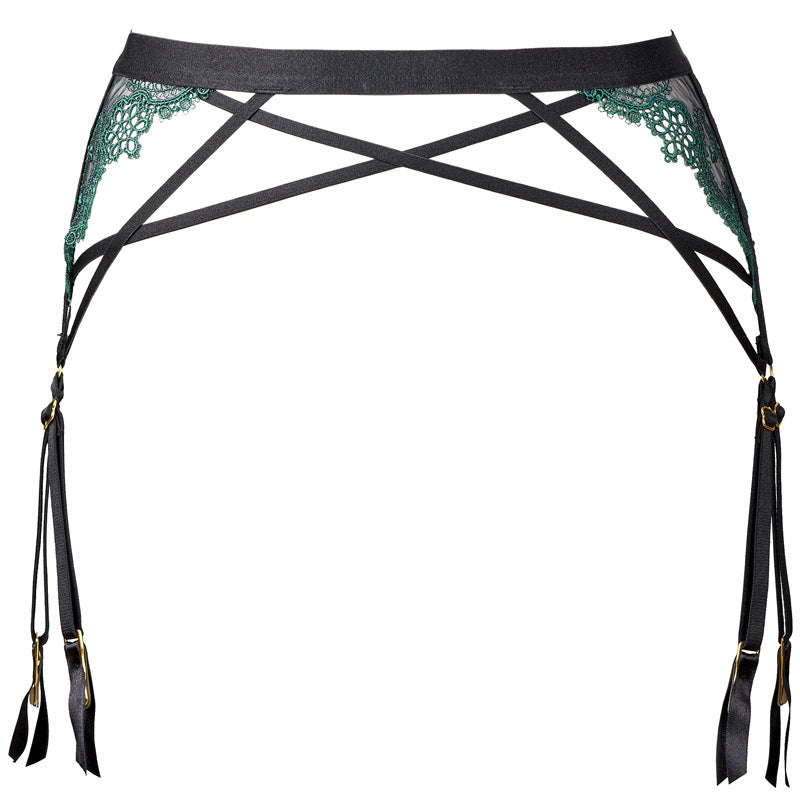 FREEDOMBEAUTY | FQ2765T212 Delicate Green Embroidery Black Mesh Removable Diamond Chain Neck Triangle Cup Thong Set