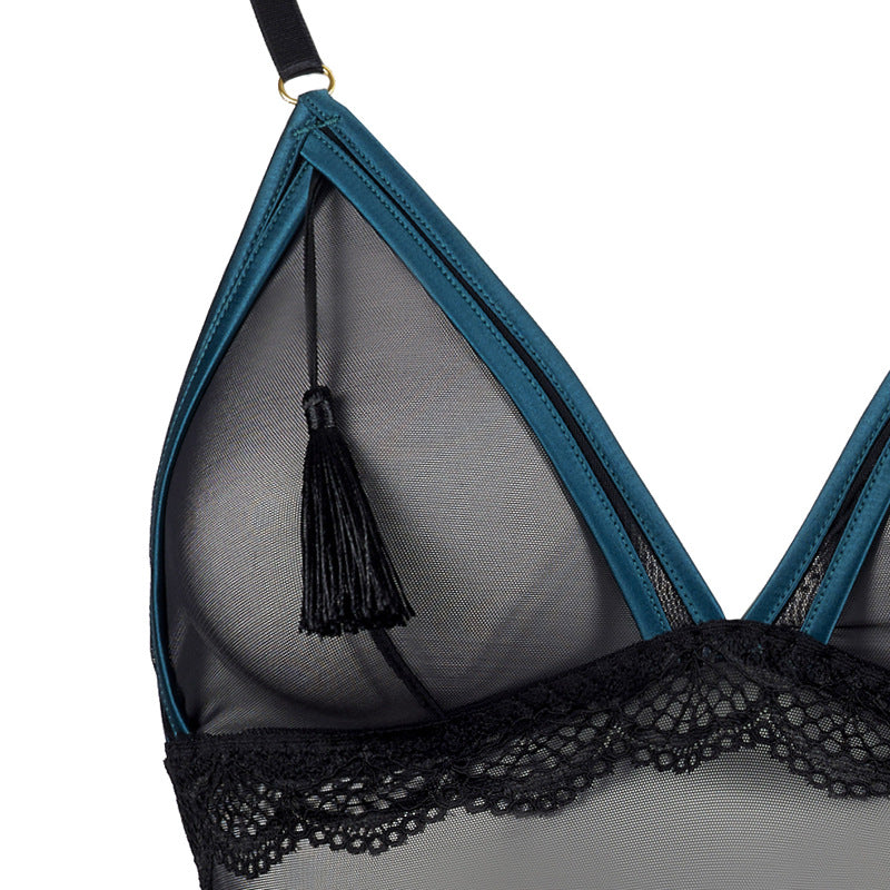 FREEDOMBEAUT | FQ2703 Satin hemming mesh tassel rimless onesie sex women open crotch and hip lace edge cross-border