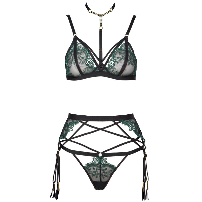 FREEDOMBEAUTY | FQ2765T212 Delicate Green Embroidery Black Mesh Removable Diamond Chain Neck Triangle Cup Thong Set