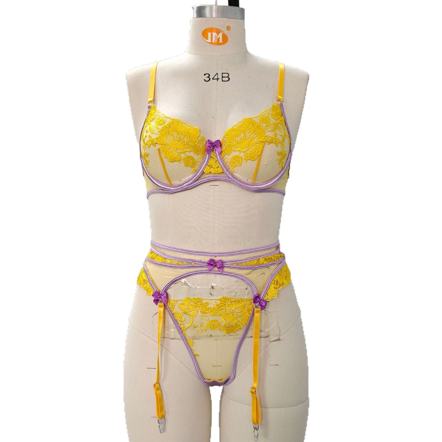 FREEDOMBEAUTY | European and American cross-border new product explosion high-quality women's clothing flower embroidered bra perspective sexy bow underwear set