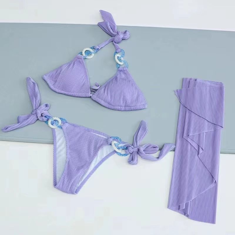 FREEDOMBEAUTY | Zhong Chuxi purple bikini star with the same sexy three-point vacation split swimsuit women ins summer new