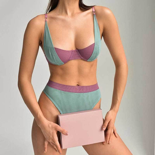FREEDOMBEAUTY | Boutique comfortable and breathable gathering pure desire color matching sexy bra underwear 2-piece set, sexy underwear women's suit thin