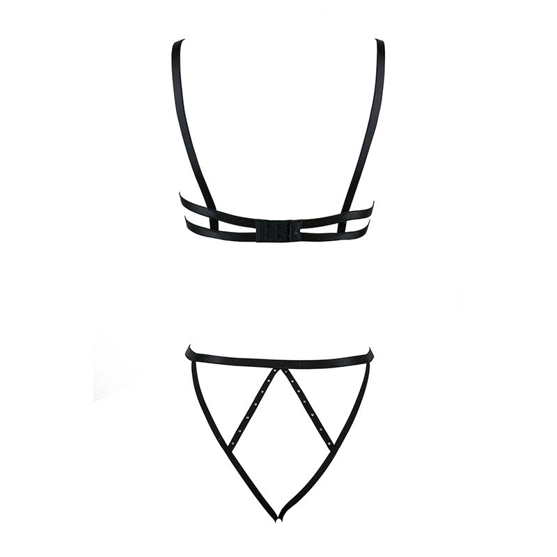 Freedombeauty | FQ2921 Sexy strap hot drill heavy industry hollowed-out sex fun milk cotton cup chest support underwear open crotch panty set