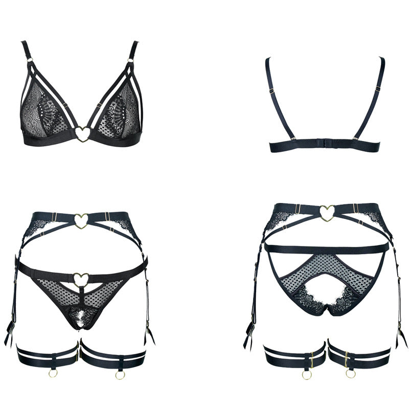 FREEDOMBEAUTY | FQ2829 Flower mesh perspective quality series sexy suit women's heart buckle free of temptation European and American suspender leg ring