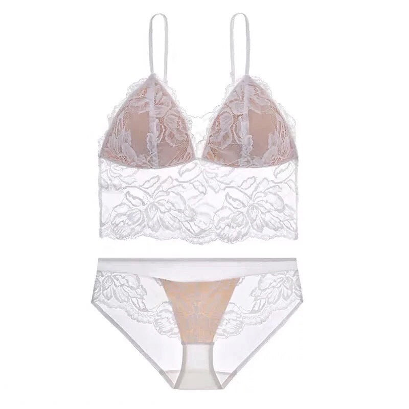 FREEDOMBEAUTY | French Sexy Embroidered Lace Bra Thin Triangle Cup No Steel Rim Underwear Suspender Vest Bra Set