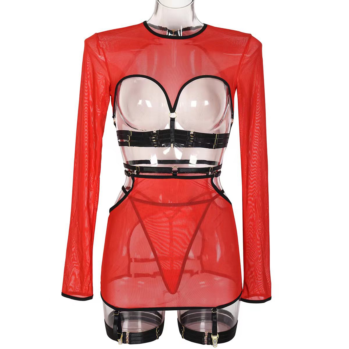 FREEDOMBEAUTY | AliExpress INS underwear 5-piece set sexy hollow straps personalized long-sleeved top with leg rings 3317