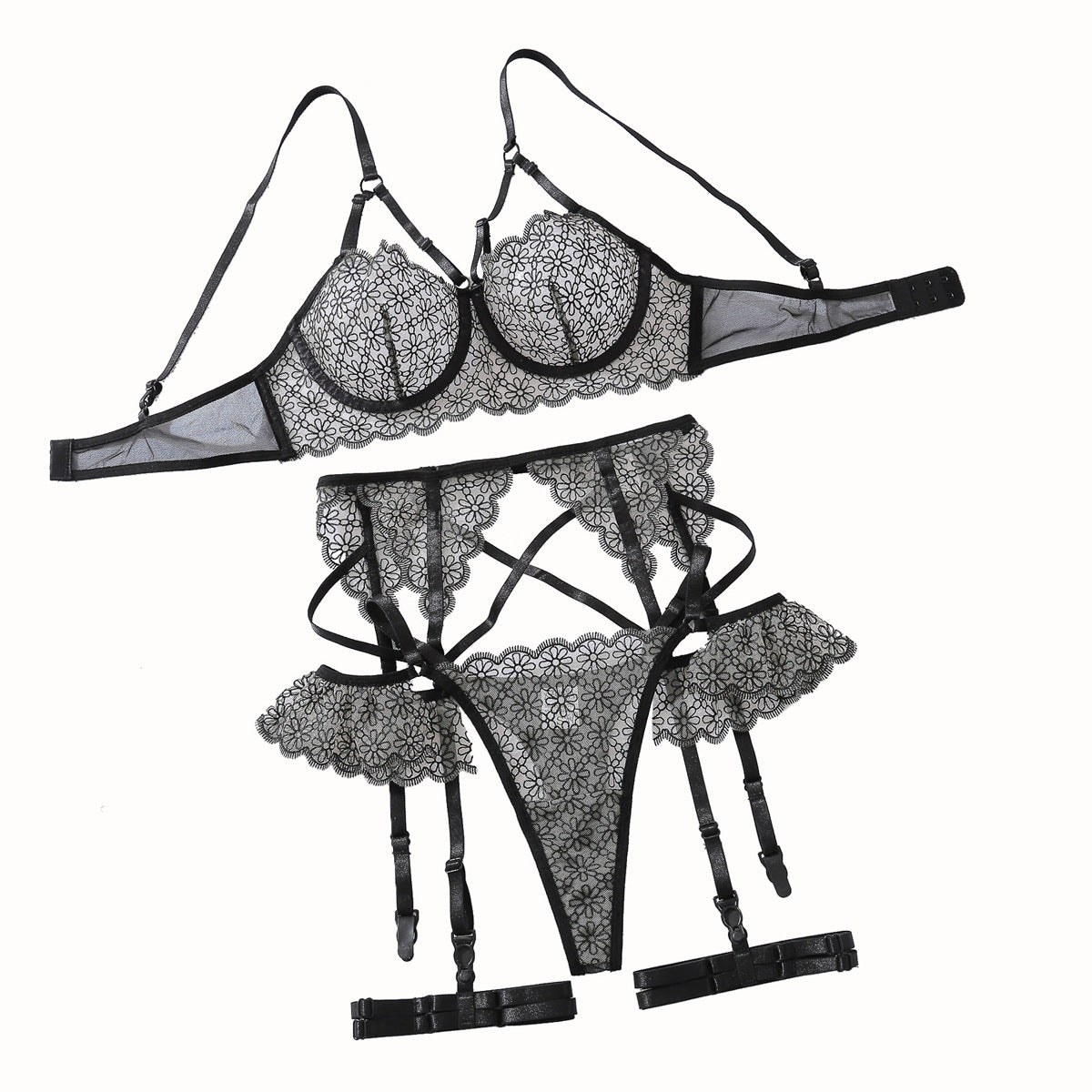 Freedombeauty | New lace bra sex set sexy fashion hollow perspective underwear four-piece set