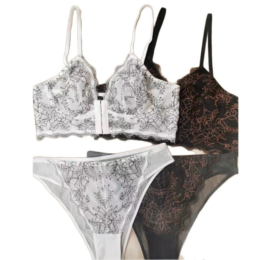 FREEDOMBEAUTY | French lace mesh embroidered underwear women's front buckle comfortable soft steel ring big chest small sexy ultra-thin bra set
