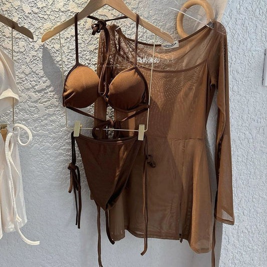 FREEDOMBEAUTY | European and American sexy babes mesh blouse swimsuit three-piece women's belly and thin seaside vacation bikini swimsuit