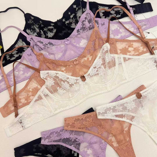 FREEDOMBEAUTY | Cross-border European and American French underwear sexy lace ultra-thin perspective sex bra embroidery big chest small bra set