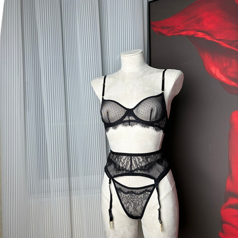 FREEDOMBEAUTY | FQ2946 eyelash lace steel tray ultra-thin polka dot mesh bra thong low waist sexy temptation set cross-border