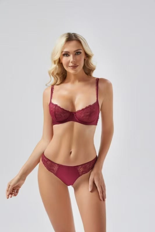 Freedombeauty sexy women's underwear lace embroidery design ultra-thin breathable beauty back soft steel ring large size bra set