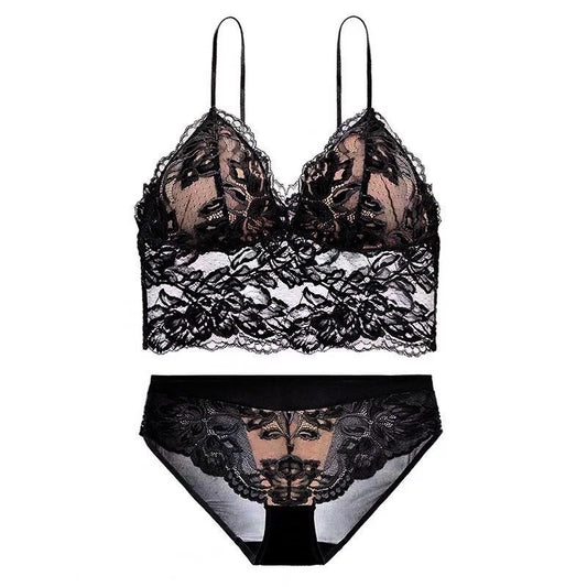 FREEDOMBEAUTY | French Sexy Embroidered Lace Bra Thin Triangle Cup No Steel Rim Underwear Suspender Vest Bra Set