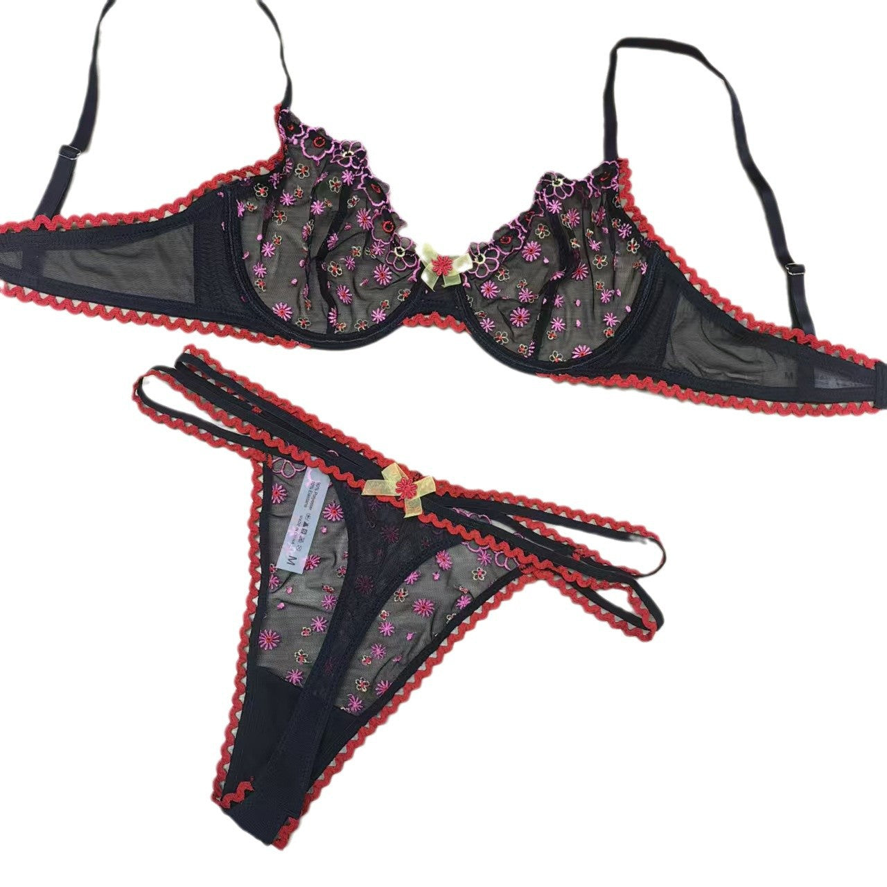 Freedombeauty | Sexy embroidered underwear women's ultra-thin perspective without sponge, big breasts and small upper toting pants bra set