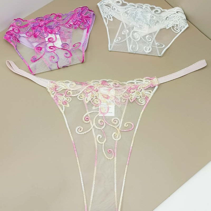 FREEDOMBEAUTY | Embroidery Sexy Transparent Women's Thong Perspective European and American Seduction Panties Cross-border Mesh Embroidery