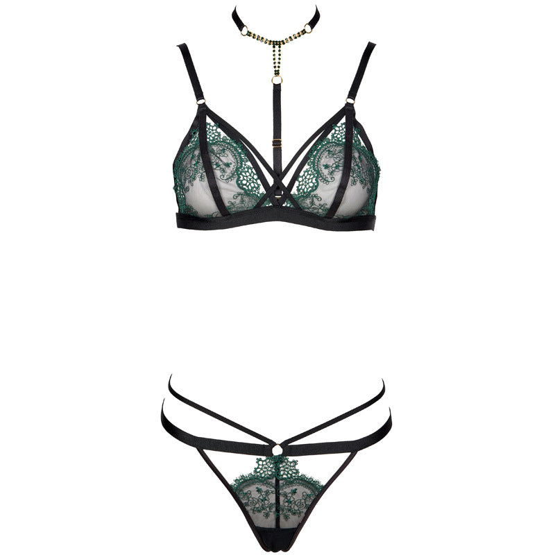 FREEDOMBEAUTY | FQ2765T212 Delicate Green Embroidery Black Mesh Removable Diamond Chain Neck Triangle Cup Thong Set
