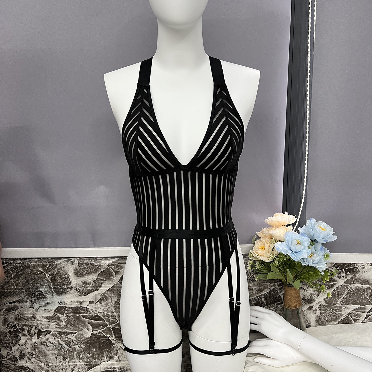 freedombeauty|Women's Striped Halter Perspective Mesh Splicing Shapewear