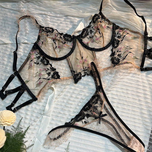 FREEDOMBEAUTY | French ultra-thin underwear lace embroidered steel ring upper support large chest and small bra cross-border mesh transparent bra set