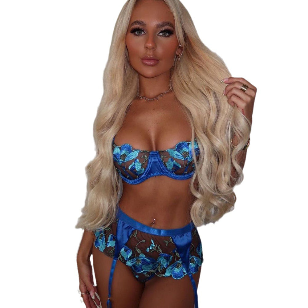 FREEDOMBEAUTY | INS new erotic underwear set, flower embroidery three-piece set with steel ring Holy Blue Muse 3101