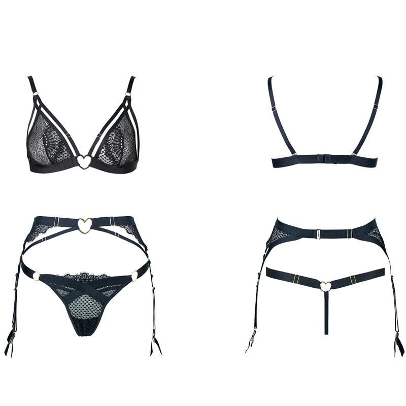FREEDOMBEAUTY | FQ2831 French lace jacquard mesh heart buckle triangle cup sexy bra bralette with thong set