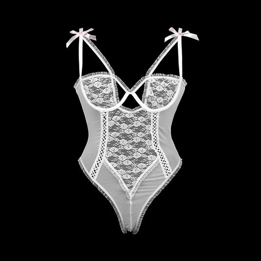 FREEDOMBEAUTY | FQ2817 fungus root steel tray lace mesh yarn free open file women's sex onesie cross-border sexy European and American