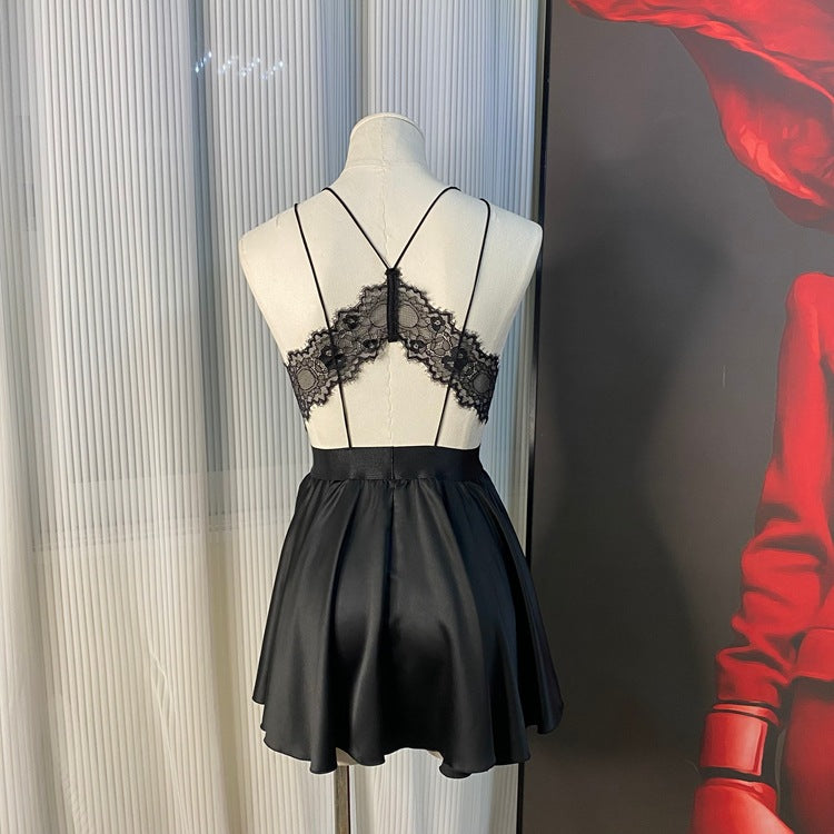 FREEDOMBEAUTY | FQ2662 Satin satin fine suspender lace halter dress women's nightdress dating European and American sexy little black dress