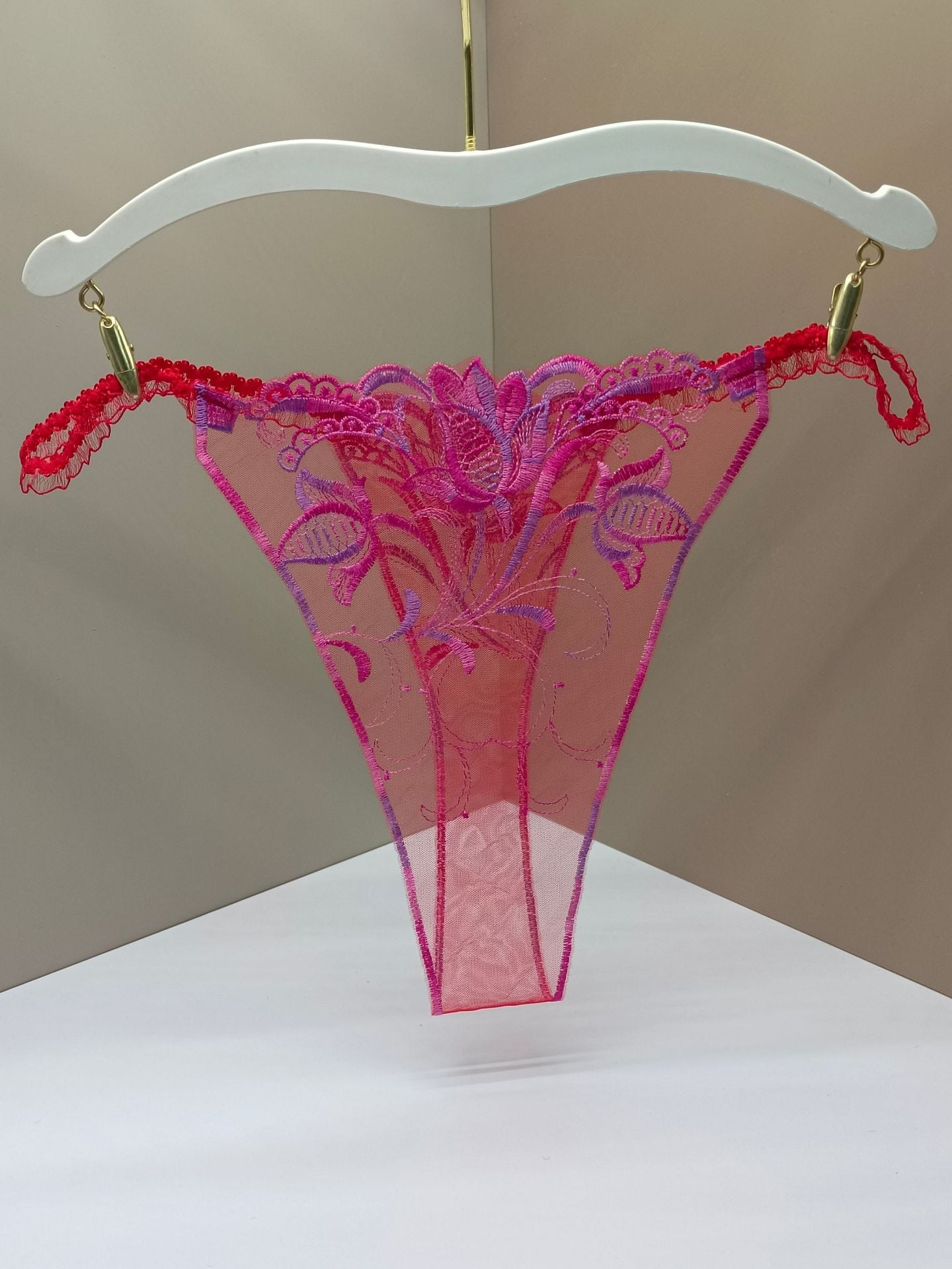 FREEDOMBEAUTY | Sexy transparent women's thong perspective open crotch hollow sex fun rose flower embroidery color matching cross-border