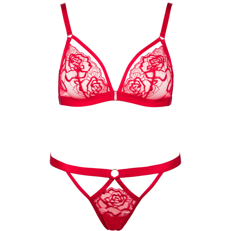 FREEDOMBEAUTY | FQ2787 neck diamond chain rose embroidery red French triangle cup hollowed out sexy low-rise T-pants women's cross-border