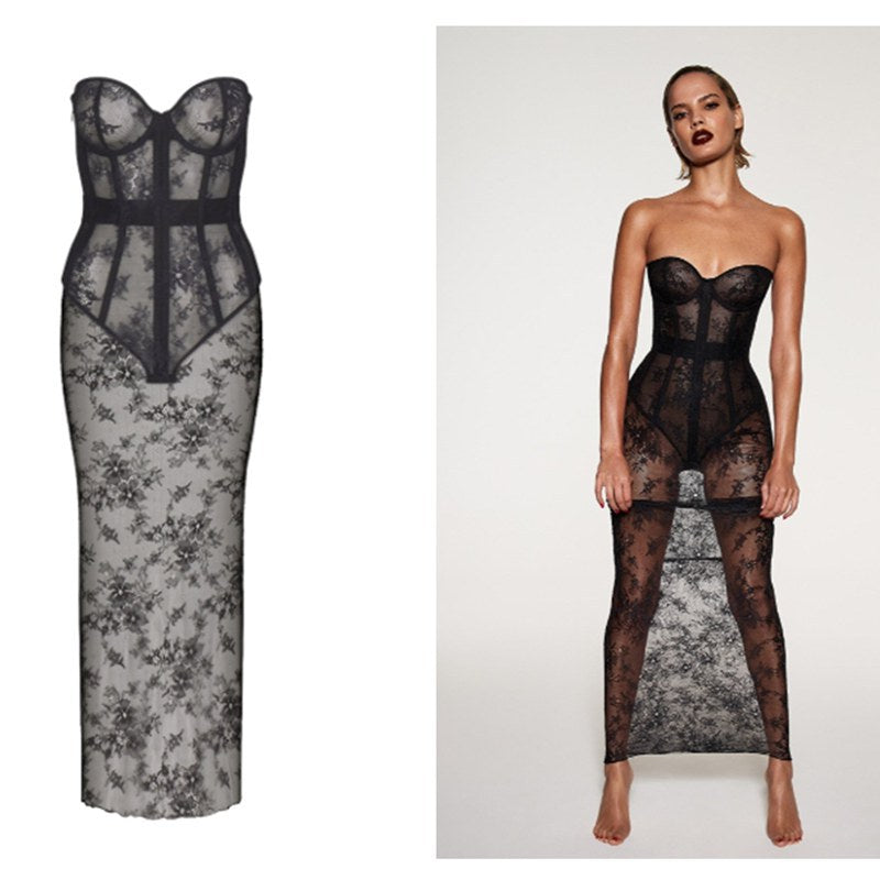 FREEDOMBEAUTY | FQ2966 SKIMS Kardashian fishbone jacket backup lace perspective dress babes sexy cross-border