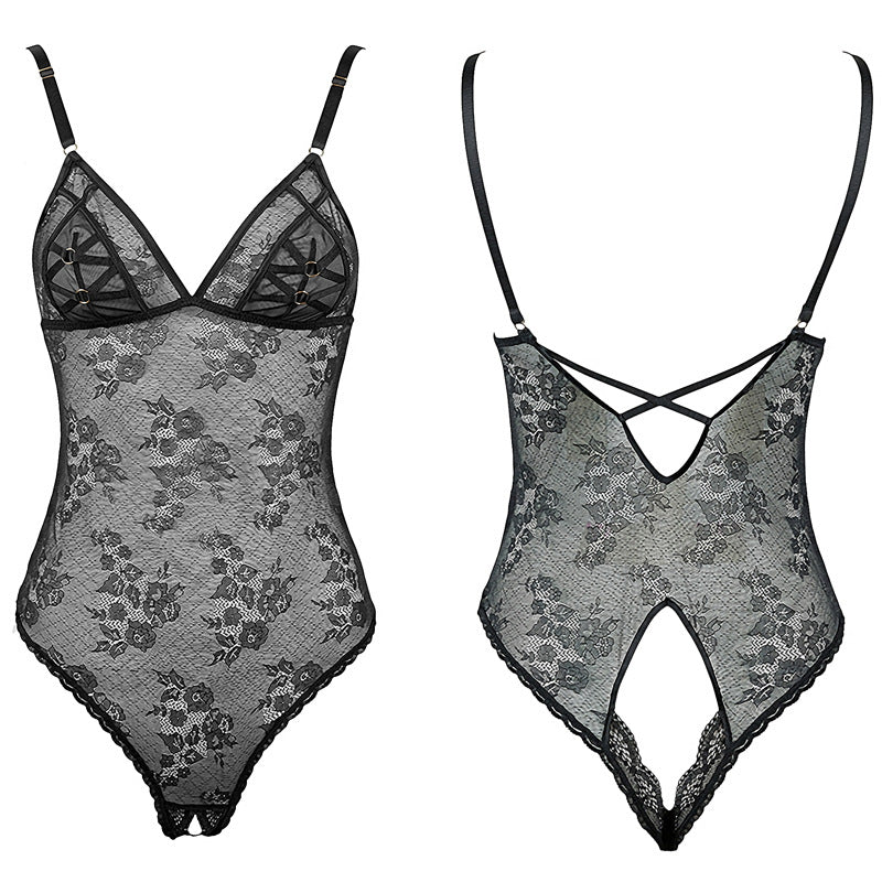 FREEDOMBEAUT | FQ2845 Buttocks onesie open crotch black lace pure perspective pajamas seduction cross strap ladies cross border