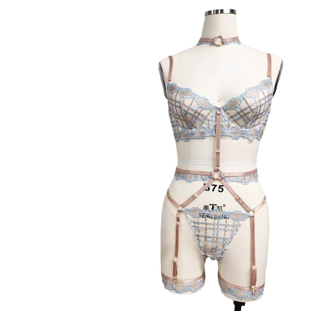 Freedombeauty | Sexy lingerie French ultra-thin perspective plaid mesh underwear big chest small thong bra set