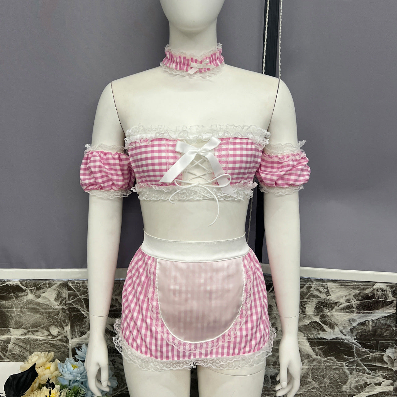 freedombeauty|Maid outfit cosplay plaid gloves lace edge skirt set sex bra