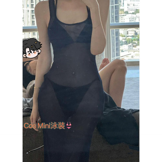 FREEDOMBEAUTY | Cos Mini tulle navy blue blouse vest see-through swimsuit knee skirt waist tight bikini sleeveless
