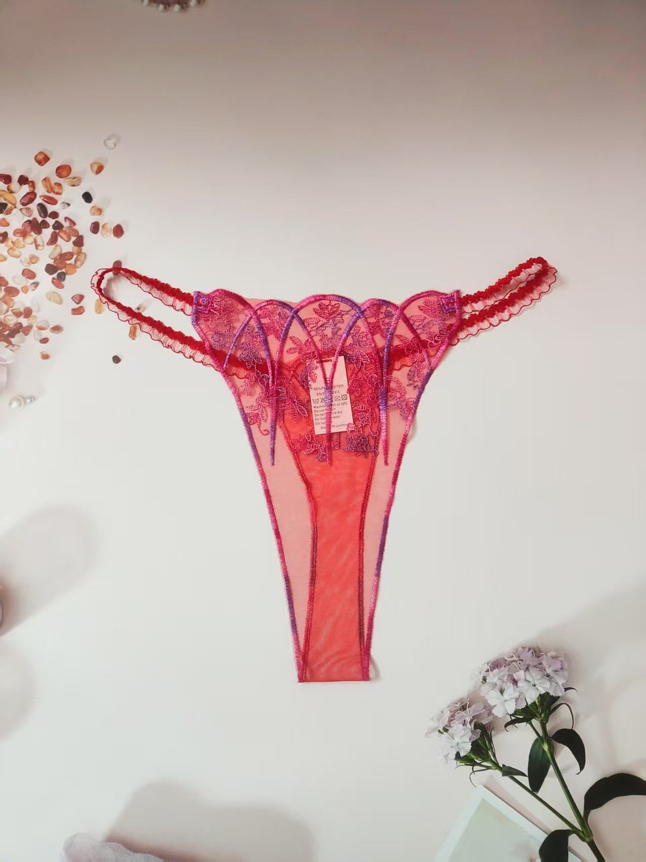 FREEDOMBEAUTY | New women's triangular mesh lace hollow sexy European and American mesh mountains embroidery color matching cross-border perspective T-character