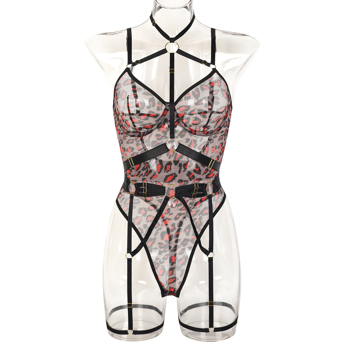 FREEDOMBEAUTY | Cross-border European and American new leopard print perspective mesh yarn strap sex underwear with steel ring sexy shapewear onesie 3342