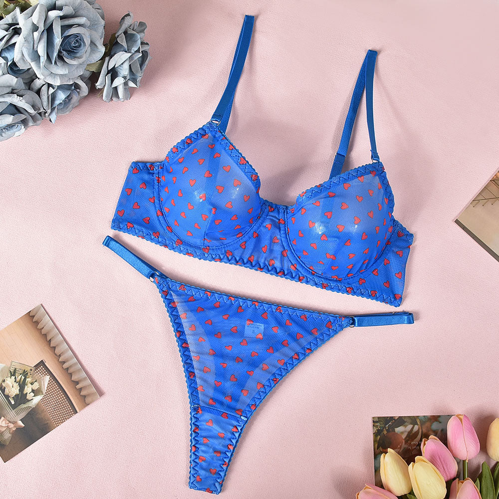 FREEDOMEBEAUTY | Popular set of sex underwear four seasons underwear love printing temptation 2-piece set of lace sexy hollow