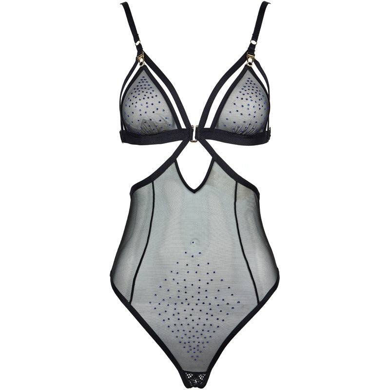 FREEDOMBEAUT | FQ2849 Tulle Hot Diamond Perspective Hollow-free Open Crotch onesie Pure desire sexy suspender pajamas