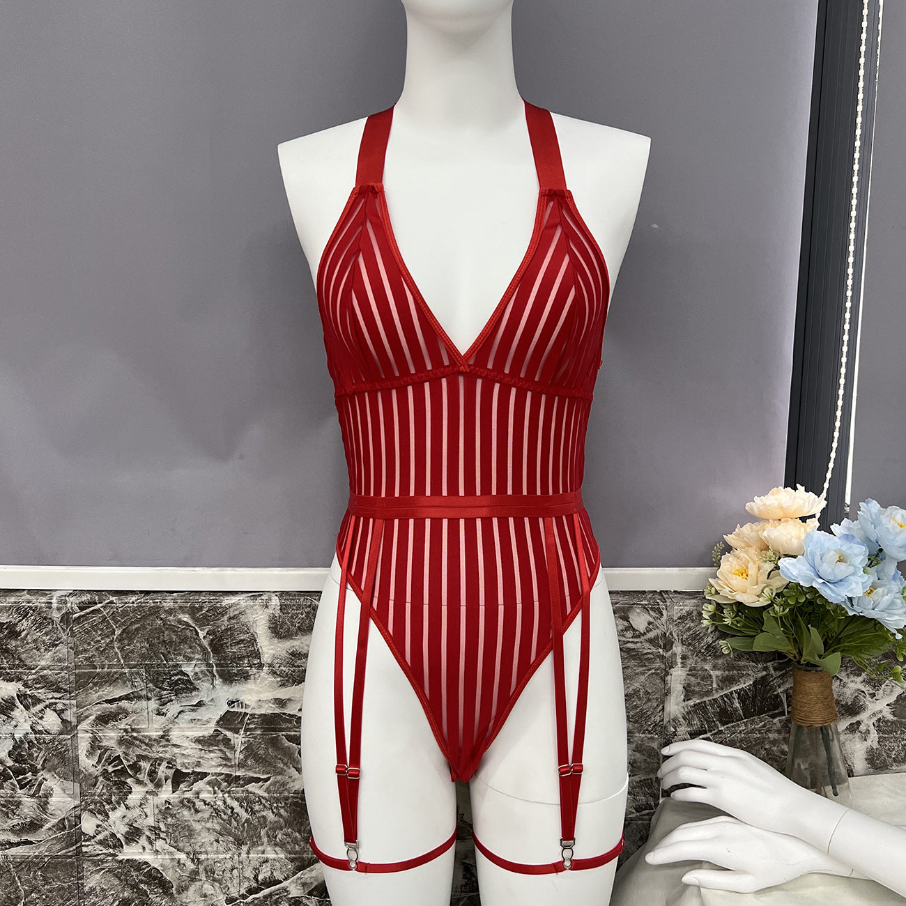 freedombeauty|Women's Striped Halter Perspective Mesh Splicing Shapewear